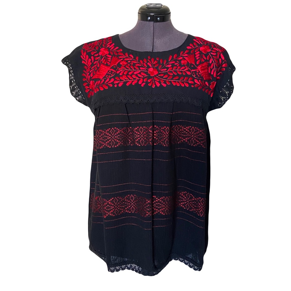 Mexican Authentic Hand Embroidered Short Sleeve floral Birds top